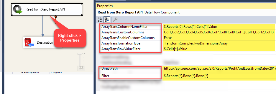 Configure Xero Report Data Extract using SSIS Property Grid (For Older Version)