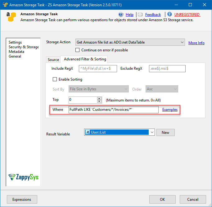 SSIS Amazon/Azure Storage Task – To get all invoices of all customers of all years, use Where clause FullPath LIKE 'Customers/*/Invoices/*'