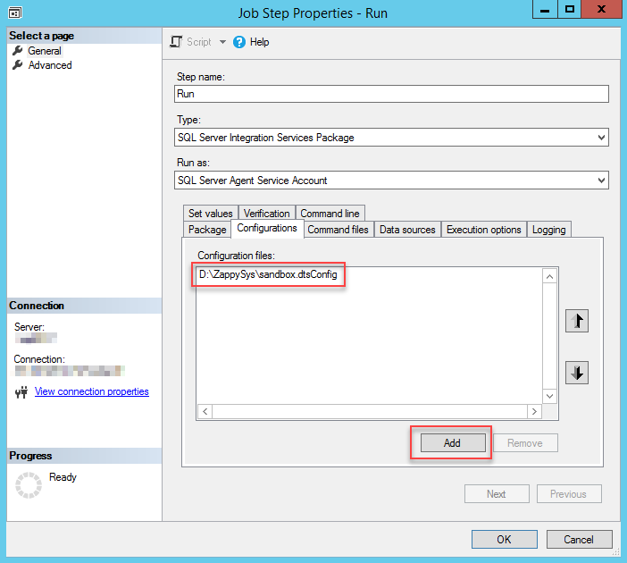 Using a package configuration file in SQL Server Agent Job