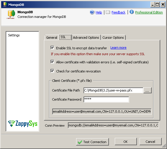 Configure SSIS MongoDB Connection for Client X509 Certificate (Select PFX File / Specify Password)