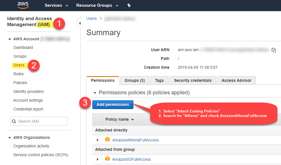 Configure IAM user permission to call Amazon Athena API
