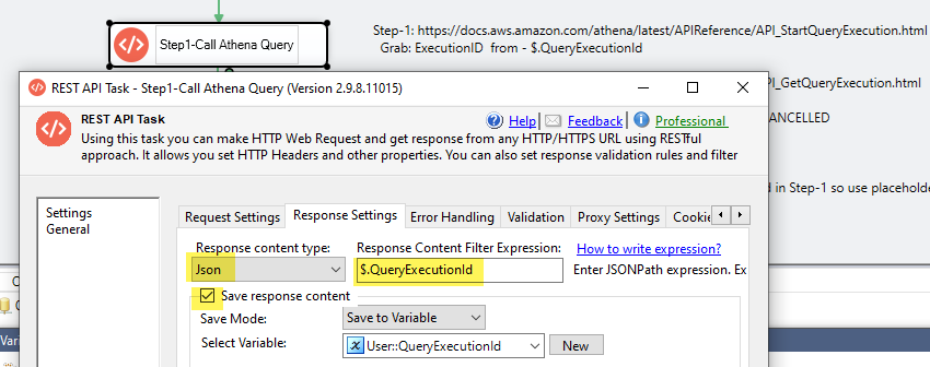 Call Athena SQL, Save Amazon Athena QueryExecutionId in SSIS Variable