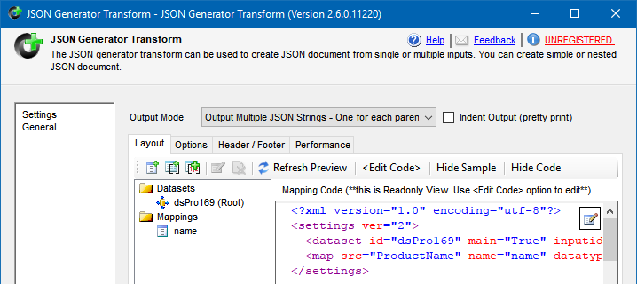 JSON Generator Transform configuration to create JSON from a SQL table