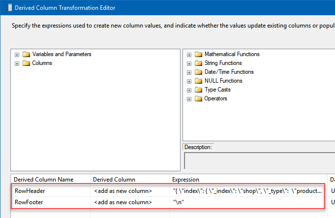 Derived Column configuration to add prefix and header and footer to a JSON