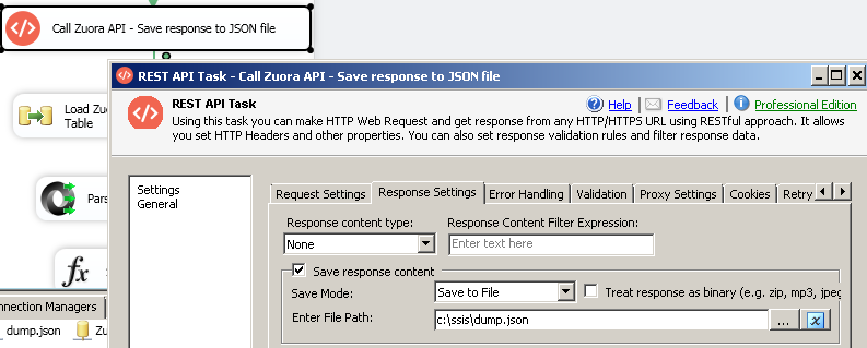 Configure SSIS REST API Response Settings - Save Zuora Query to JSON File
