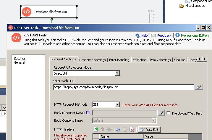 SSIS REST API Task - Download File from URL (Request Settings)