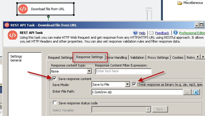 SSIS REST API Task - Download Zip File from URL (Response Settings)