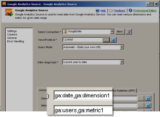 SSIS Google Analytics Source - Using Custom Dimensions / Custom Metrics