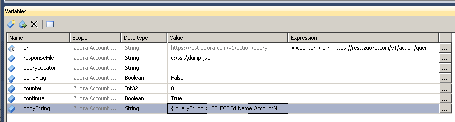 SSIS Variables for Zuora API Integration