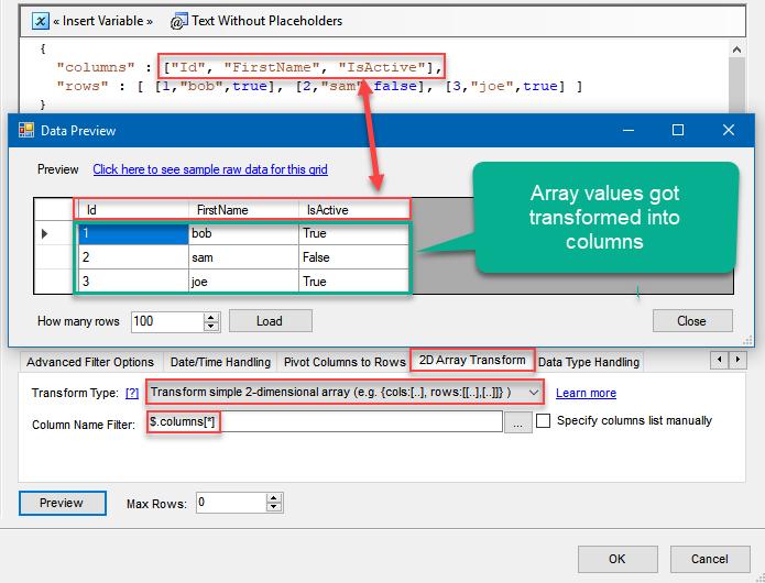 Convert JSON to CSV File using SSIS: Transforming JSON array values into columns