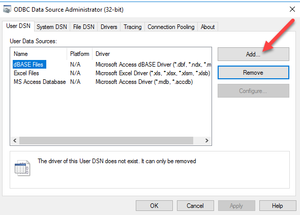 Create new ODBC DSN (User DSN Tab)