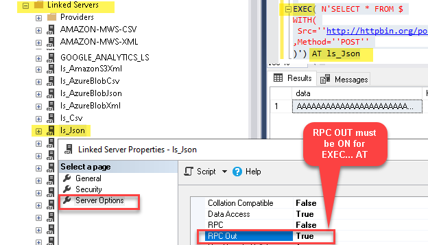 RPC OUT setting for EXEC AT statement in SQL Server Linked Server