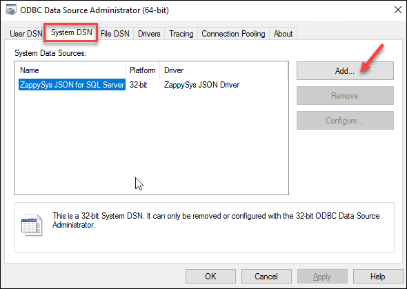 Create new ODBC DSN (System DSN Tab)