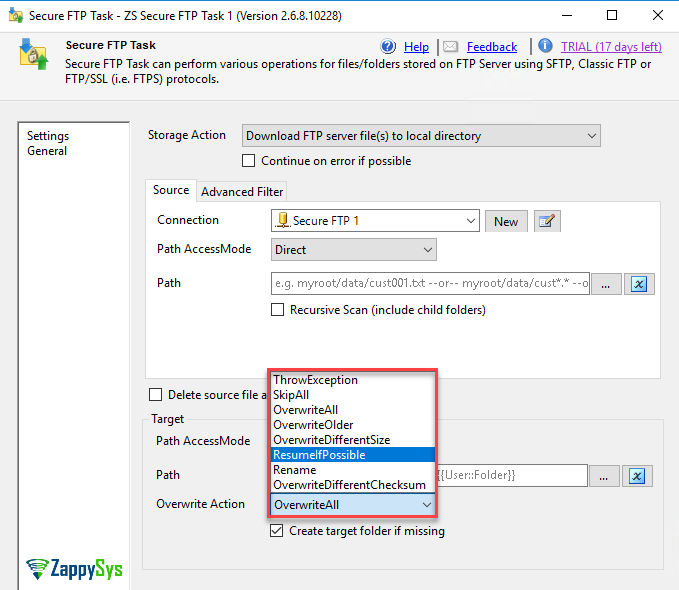 Option to overwrite files in SSIS FTPS