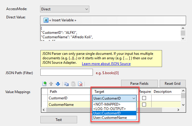 Map json into variable in SSIS