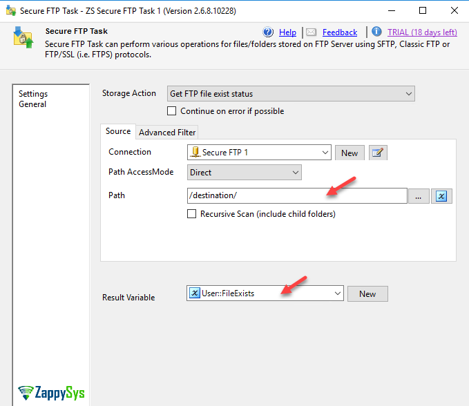 SSIS SFTP task example to check if file exists