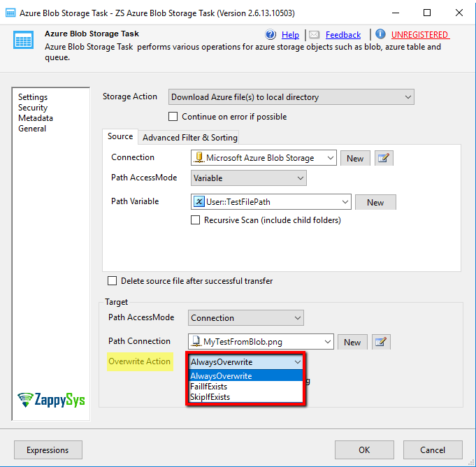 Select Overwrite Action in Target Section