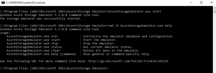 Command Prompt Screen after Microsoft Azure Storage Emulator Started
