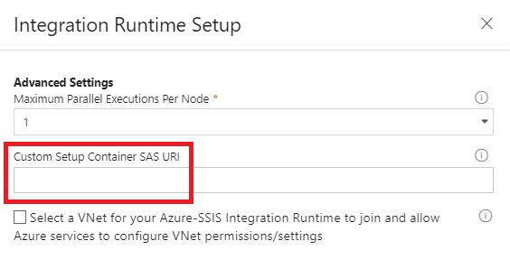 Enter Custom Setup SAS URL during SSIS RUntime Creation in Azure Data Factory