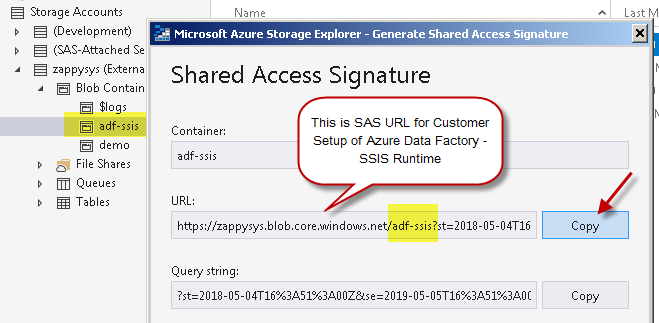 Get SAS URL for Azure SSIS Runtime - Custom setup