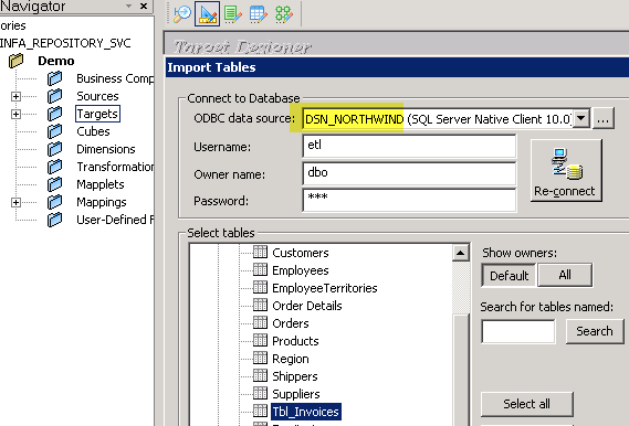 Import Target SQL Table Definition in Informatica - Select table from the list