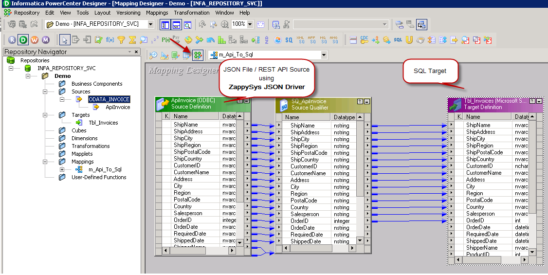 Define Source to Target mapping for JSON to SQL Table load in Informatica