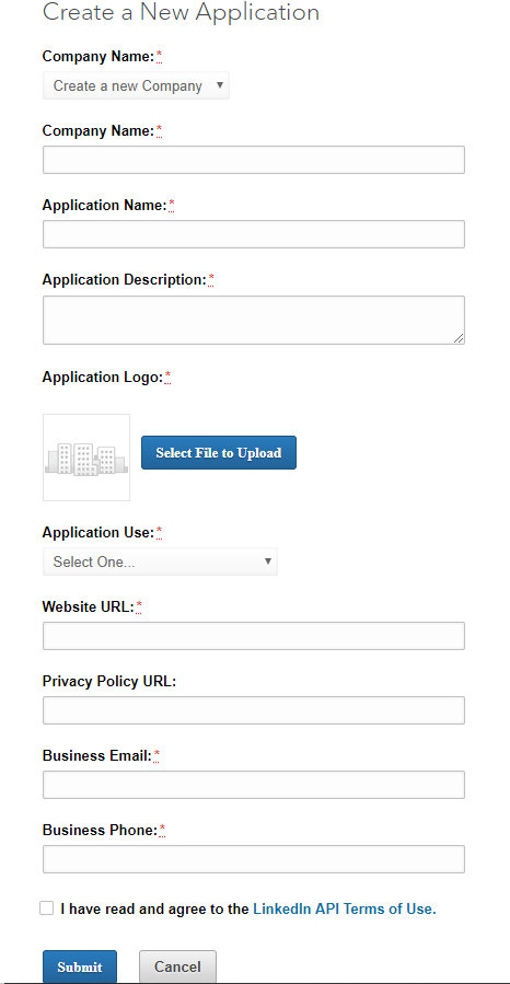 Linked In: Create New Application Form