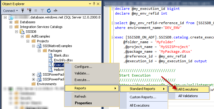 Monitor SSIS Package Execution using SSMS UI (Run SSIS in Azure Data Factory)