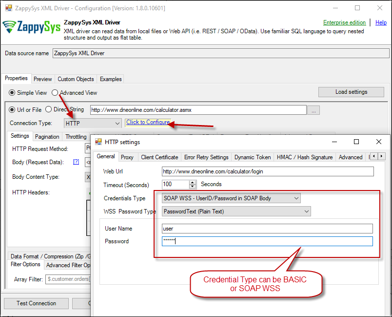 ZappySys XML Driver - Configure SOAP WSS Credentials or Basic Authorization (Userid, Password)