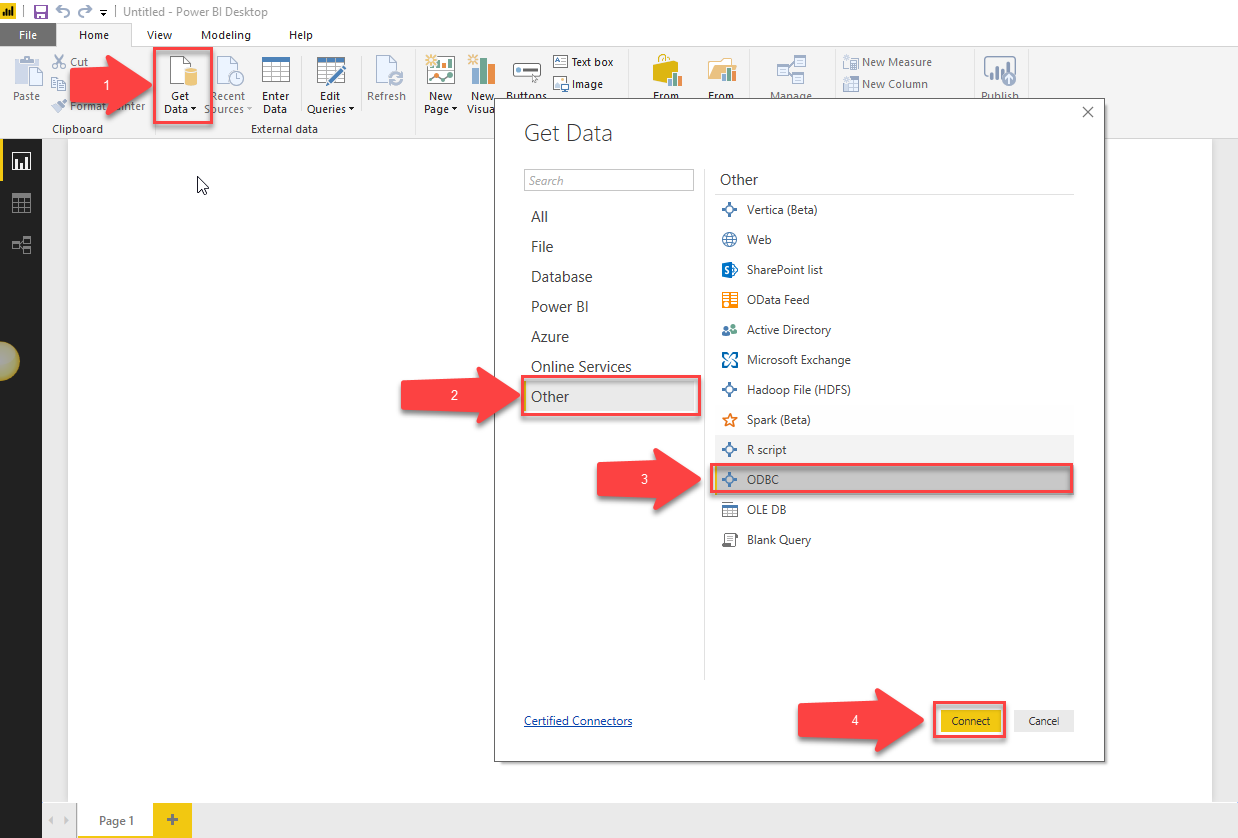 Select ODBC from Get Data Popup in Power BI
