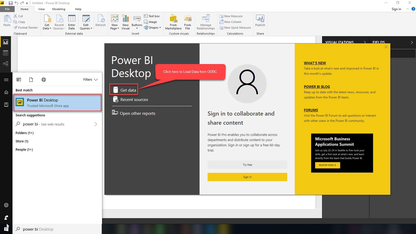 Power BI : Click on Get Data for Loading from ODBC DSN