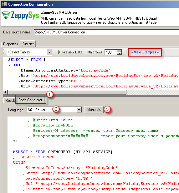 Generate Example Code for ZappySys Driver