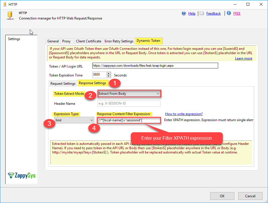 SSIS ZS HTTP Connection Manager: Dynamic Token Tab Configurations Settings of Response Tab