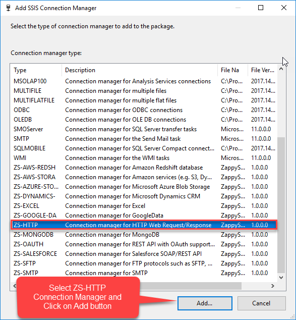 List of SSIS Connection Managers - Select HTTP Connection Manager