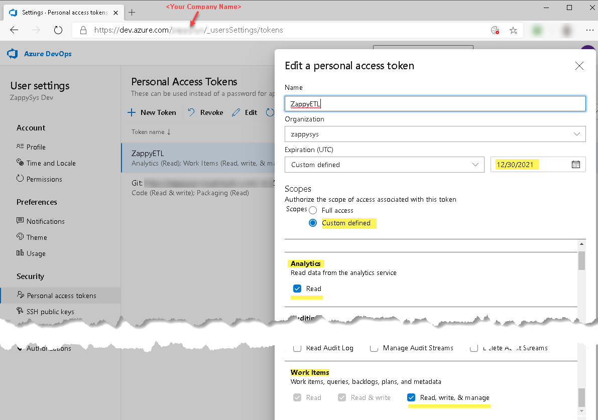 Change Permission / Expiration Date for Azure DevOps PAT (Personal Access Token) - Read / Write Work Items, Call Analytics API Example