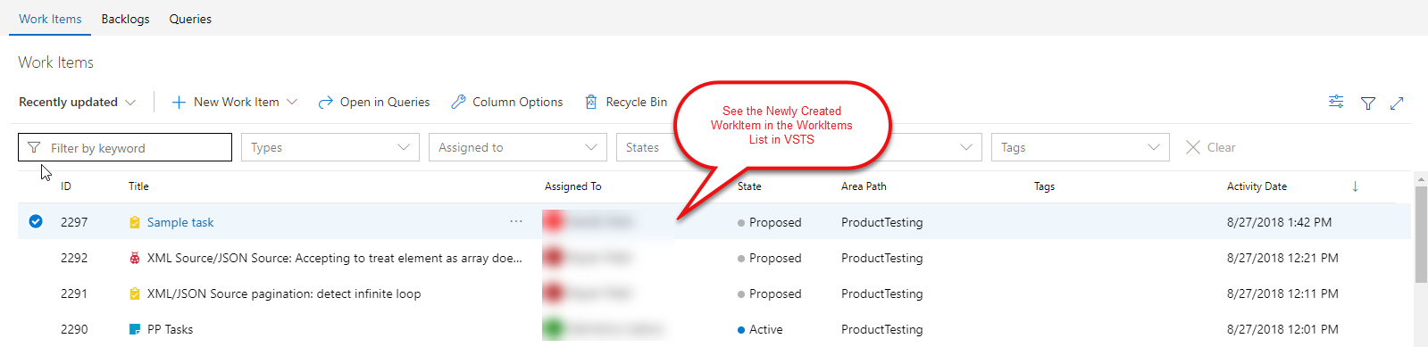 VSTS Site: See the Newly Created WorkItem