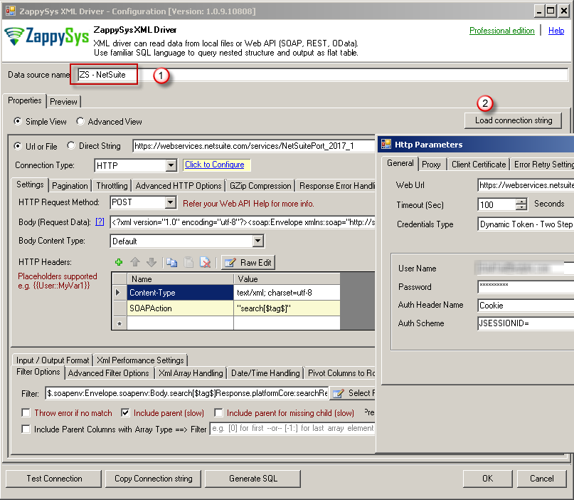 NetSuite ODBC Connection Settings (ZappySys XML Driver)