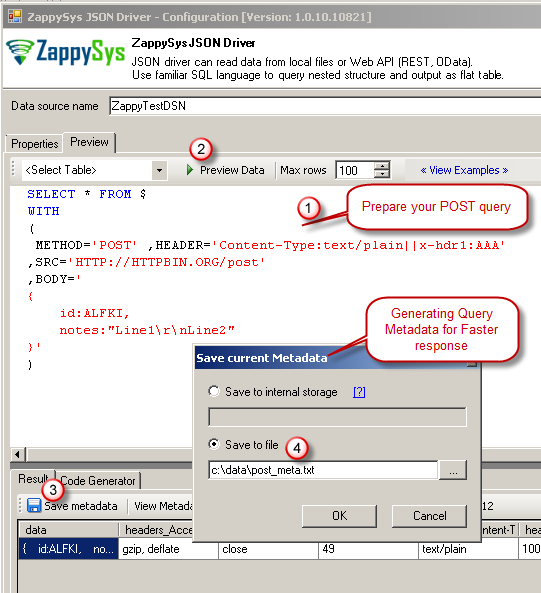 Generate Metadata File for REST API POST Operation using ZappySys API Driver (JSON / XML)