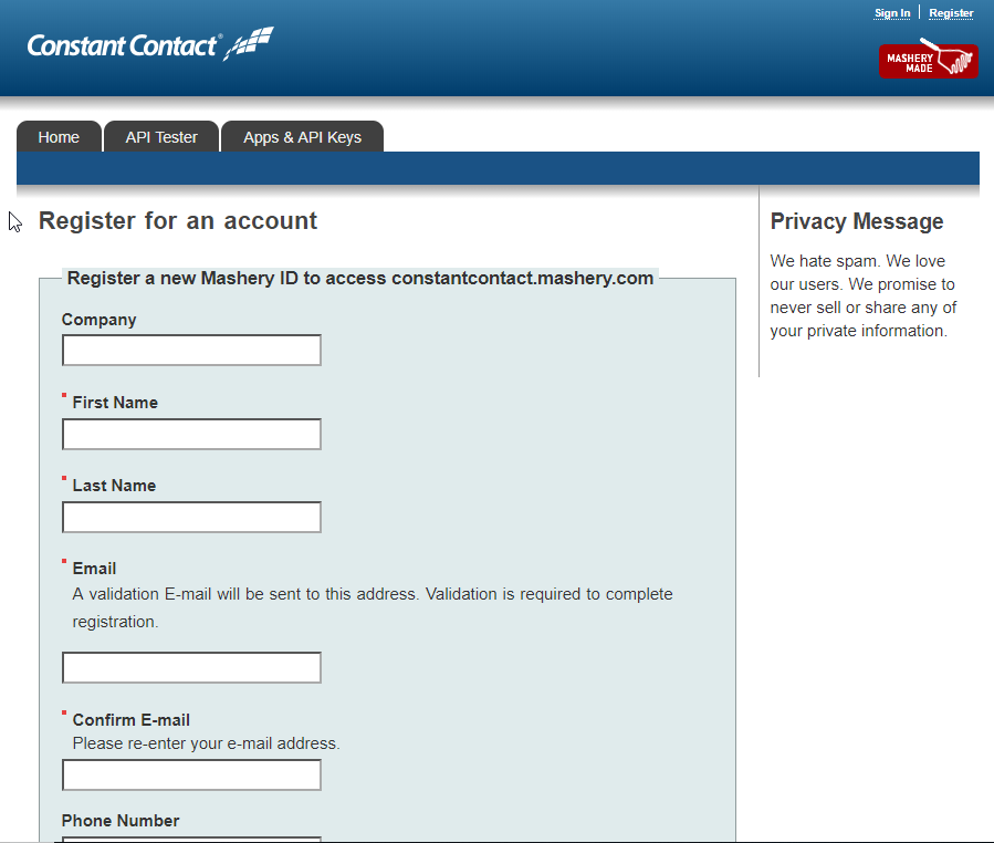 Register Mashery ID to Constant Contact