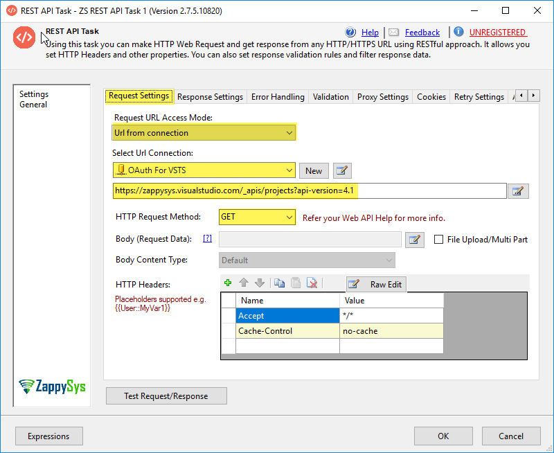 SSIS REST API Task: Request Tab Configurations