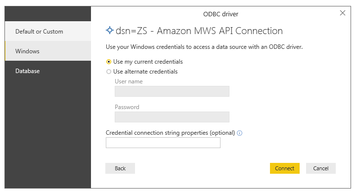 Select Authentication for Amazon MWS connection in Power BI data load