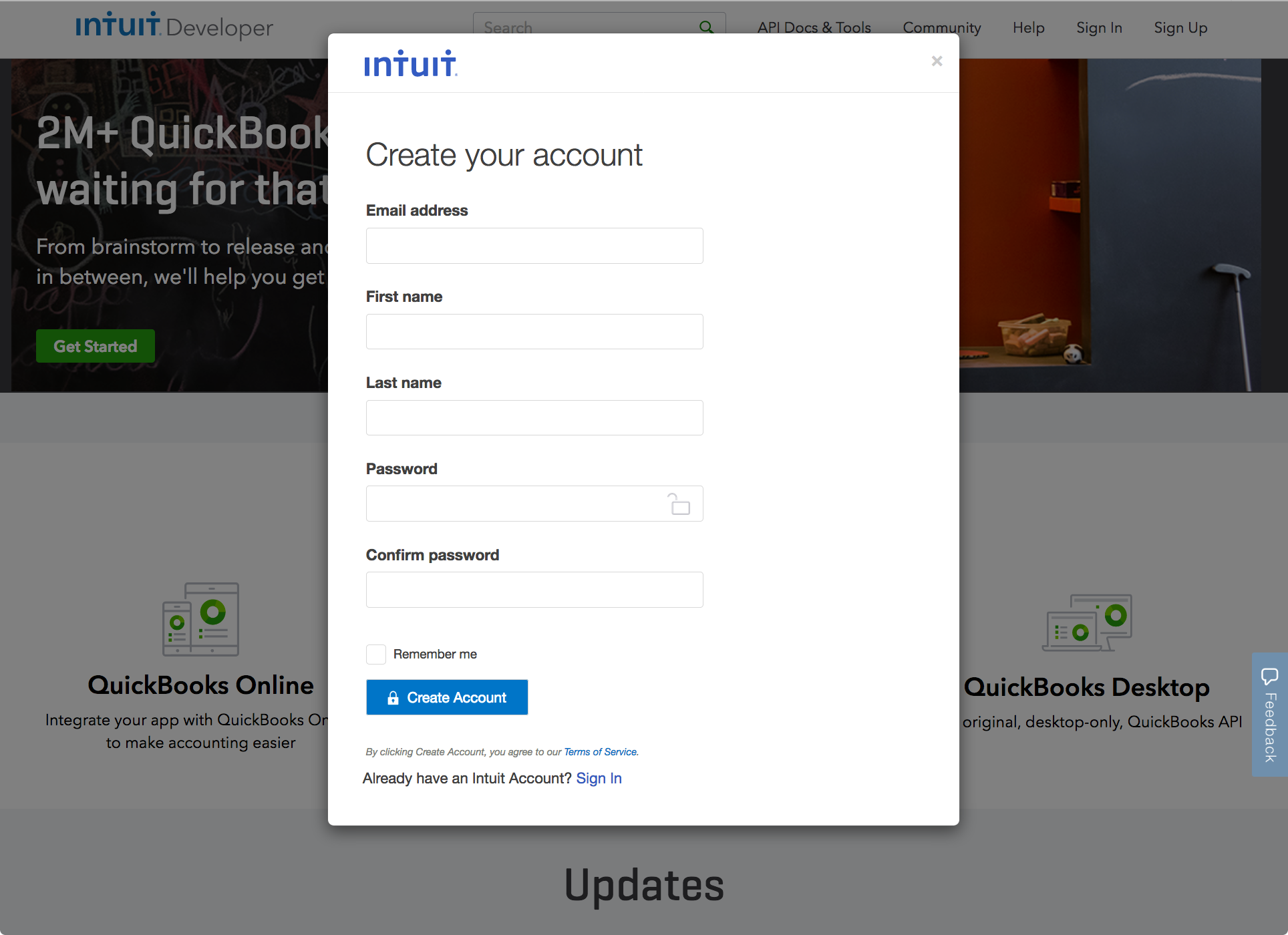 Signup Form: Intuit Developer Account