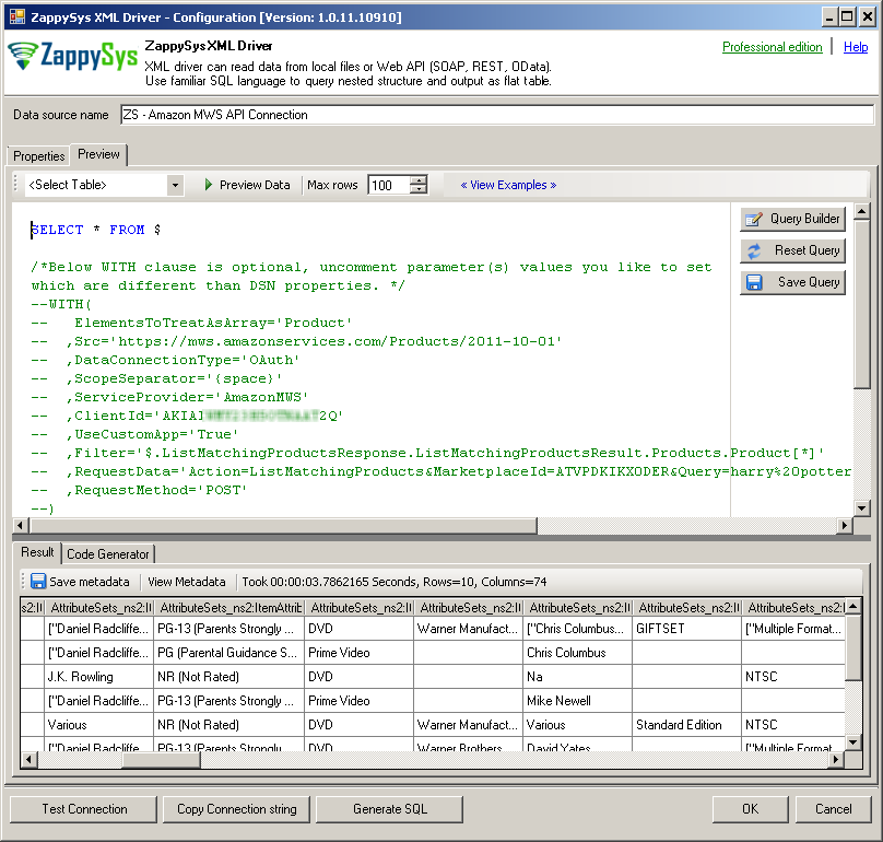 Query Amazon MWS API using ZappySys XML Driver - Preview UI