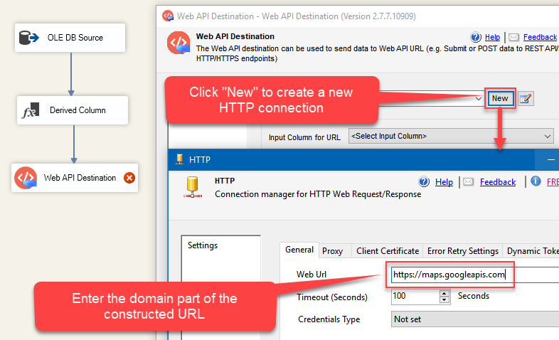 Setting up HTTP Connection Manager for Web API Destination to make HTTP requests to Google Geocoding API using SSIS.