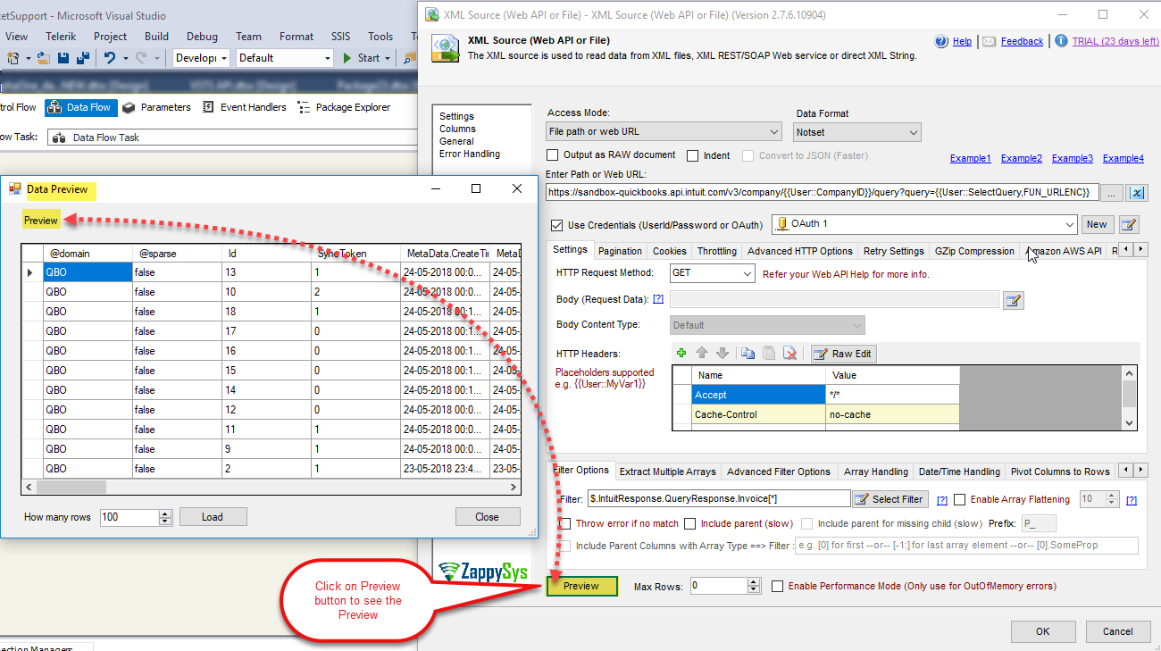 SSIS XML Source Component: See Preview to read data from QuickBooks Online