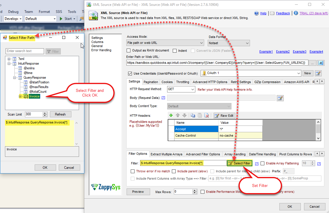 SSIS XML Source Component: Select Filter to read data from QuickBooks Online