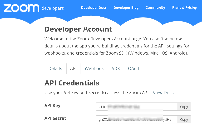 Obtain Zoom API Key and Secret (Used to generate JWT Token)
