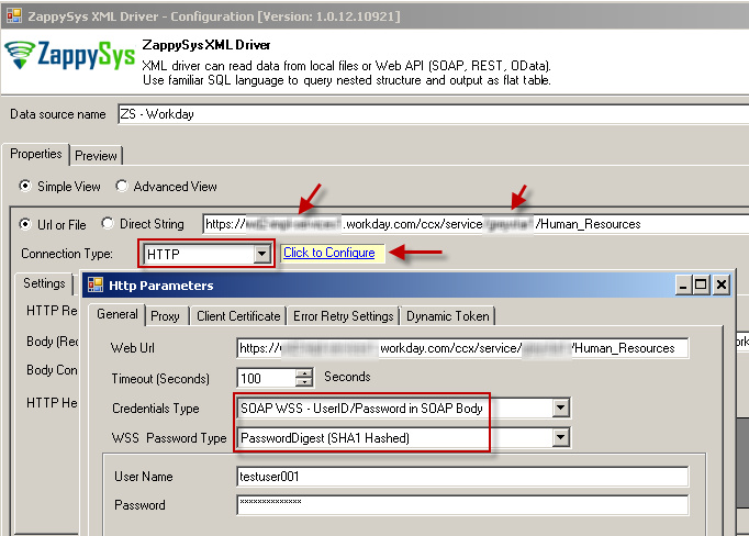 Configure Workday Connection in ODBC DSN - XML / SOAP Driver