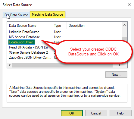 Get External Data - Select your newly created ODBC Data Source (JSON Driver)