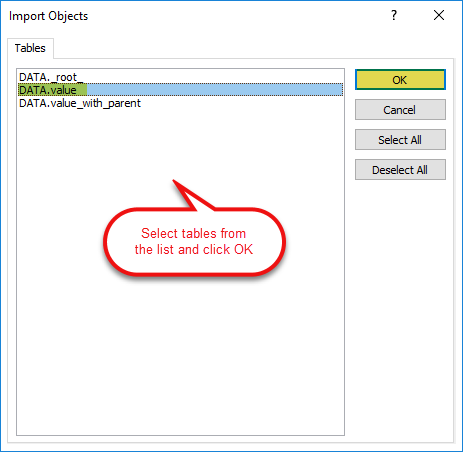 Get External Data - Select tables from Import Objects Screen